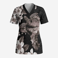 Hawaiian Lei Day Scrub Top Plumeria and Turtle with Polynesian Tribal Pattern Grayscale Color - Polynesian Pride