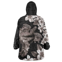 Hawaiian Lei Day Wearable Blanket Hoodie Plumeria and Turtle with Polynesian Tribal Pattern Grayscale Color