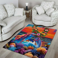 Hawaiian Lei Day Area Rug Dolphins with Colorful Corals and Romantic Sunset