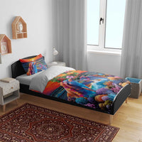 Hawaiian Lei Day Bedding Set Dolphins with Colorful Corals and Romantic Sunset