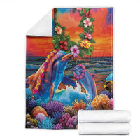 Hawaiian Lei Day Blanket Dolphins with Colorful Corals and Romantic Sunset