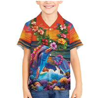 Hawaiian Lei Day Family Matching Mermaid Dress and Hawaiian Shirt Dolphins with Colorful Corals and Romantic Sunset