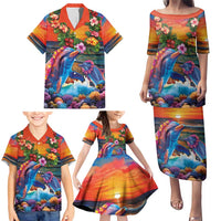Hawaiian Lei Day Family Matching Puletasi and Hawaiian Shirt Dolphins with Colorful Corals and Romantic Sunset
