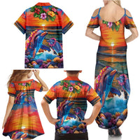 Hawaiian Lei Day Family Matching Summer Maxi Dress and Hawaiian Shirt Dolphins with Colorful Corals and Romantic Sunset