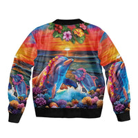 Hawaiian Lei Day Sleeve Zip Bomber Jacket Dolphins with Colorful Corals and Romantic Sunset