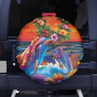 Hawaiian Lei Day Spare Tire Cover Dolphins with Colorful Corals and Romantic Sunset