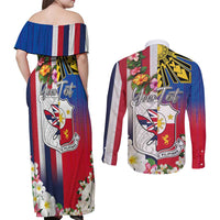 Personalised Hawaii and Philippines Together Couples Matching Off Shoulder Maxi Dress and Long Sleeve Button Shirt The Emblems with Cultural Symbols Blue-White-Red Tricolor