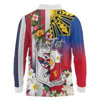 Personalised Hawaii and Philippines Together Long Sleeve Polo Shirt The Emblems with Cultural Symbols Blue-White-Red Tricolor