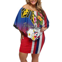 Personalised Hawaii and Philippines Together Off Shoulder Short Dress The Emblems with Cultural Symbols Blue-White-Red Tricolor