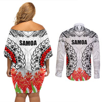 Samoa Siapo Ula Fala Couples Matching Off Shoulder Short Dress and Long Sleeve Button Shirt With Ginger Plant White Color LT03 - Polynesian Pride