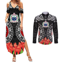 Samoa Siapo Ula Fala Couples Matching Summer Maxi Dress and Long Sleeve Button Shirt With Ginger Plant Black Color LT03 Black - Polynesian Pride