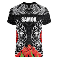Samoa Siapo Ula Fala Women V Neck T Shirt With Ginger Plant Black Color LT03 - Polynesian Pride