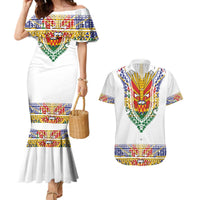 Haiti Flag Traditional Dashiki Couples Matching Mermaid Dress and Hawaiian Shirt White Color - Polynesian Pride