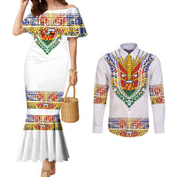 Haiti Flag Traditional Dashiki Couples Matching Mermaid Dress and Long Sleeve Button Shirt White Color LT03 White - Polynesian Pride