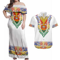 Haiti Flag Traditional Dashiki Couples Matching Off Shoulder Maxi Dress and Hawaiian Shirt White Color - Polynesian Pride