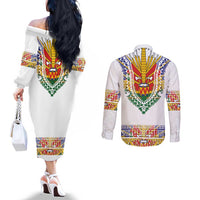 Haiti Flag Traditional Dashiki Couples Matching Off The Shoulder Long Sleeve Dress and Long Sleeve Button Shirt White Color - Polynesian Pride