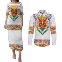 Haiti Flag Traditional Dashiki Couples Matching Puletasi and Long Sleeve Button Shirt White Color - Polynesian Pride