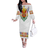 Haiti Flag Traditional Dashiki Off The Shoulder Long Sleeve Dress White Color - Polynesian Pride