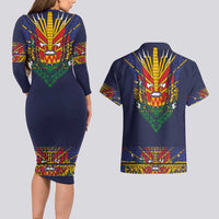 Haiti Flag Traditional Dashiki Couples Matching Long Sleeve Bodycon Dress and Hawaiian Shirt Black Color - Polynesian Pride
