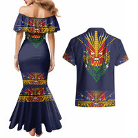 Haiti Flag Traditional Dashiki Couples Matching Mermaid Dress and Hawaiian Shirt Black Color - Polynesian Pride