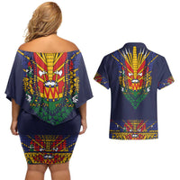 Haiti Flag Traditional Dashiki Couples Matching Off Shoulder Short Dress and Hawaiian Shirt Black Color - Polynesian Pride