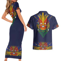 Haiti Flag Traditional Dashiki Couples Matching Short Sleeve Bodycon Dress and Hawaiian Shirt Black Color - Polynesian Pride