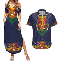 Haiti Flag Traditional Dashiki Couples Matching Summer Maxi Dress and Hawaiian Shirt Black Color - Polynesian Pride