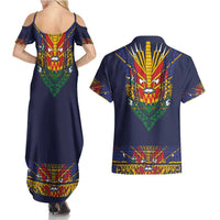 Haiti Flag Traditional Dashiki Couples Matching Summer Maxi Dress and Hawaiian Shirt Black Color - Polynesian Pride