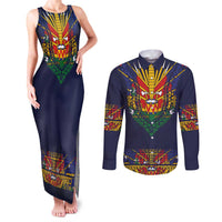 Haiti Flag Traditional Dashiki Couples Matching Tank Maxi Dress and Long Sleeve Button Shirt Black Color - Polynesian Pride