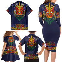 Haiti Flag Traditional Dashiki Family Matching Long Sleeve Bodycon Dress and Hawaiian Shirt Black Color - Polynesian Pride