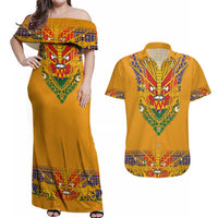 Haiti Flag Traditional Dashiki Couples Matching Off Shoulder Maxi Dress and Hawaiian Shirt Yellow Color - Polynesian Pride