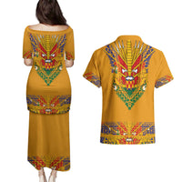 Haiti Flag Traditional Dashiki Couples Matching Puletasi and Hawaiian Shirt Yellow Color - Polynesian Pride