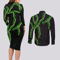 Hawaii Maile Lei Couples Matching Long Sleeve Bodycon Dress and Long Sleeve Button Shirt Aloha Black Color