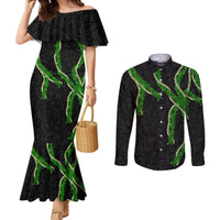 Hawaii Maile Lei Couples Matching Mermaid Dress and Long Sleeve Button Shirt Aloha Black Color LT03 Black - Polynesian Pride