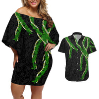 Hawaii Maile Lei Couples Matching Off Shoulder Short Dress and Hawaiian Shirt Aloha Black Color
