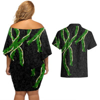 Hawaii Maile Lei Couples Matching Off Shoulder Short Dress and Hawaiian Shirt Aloha Black Color