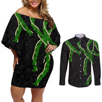 Hawaii Maile Lei Couples Matching Off Shoulder Short Dress and Long Sleeve Button Shirt Aloha Black Color