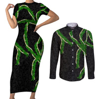 Hawaii Maile Lei Couples Matching Short Sleeve Bodycon Dress and Long Sleeve Button Shirt Aloha Black Color