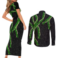 Hawaii Maile Lei Couples Matching Short Sleeve Bodycon Dress and Long Sleeve Button Shirt Aloha Black Color