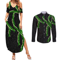 Hawaii Maile Lei Couples Matching Summer Maxi Dress and Long Sleeve Button Shirt Aloha Black Color