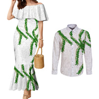 Hawaii Maile Lei Couples Matching Mermaid Dress and Long Sleeve Button Shirt Aloha White Color