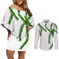 Hawaii Maile Lei Couples Matching Off Shoulder Short Dress and Long Sleeve Button Shirt Aloha White Color LT03 White - Polynesian Pride