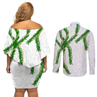 Hawaii Maile Lei Couples Matching Off Shoulder Short Dress and Long Sleeve Button Shirt Aloha White Color LT03 - Polynesian Pride