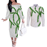 Hawaii Maile Lei Couples Matching Off The Shoulder Long Sleeve Dress and Long Sleeve Button Shirt Aloha White Color