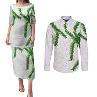 Hawaii Maile Lei Couples Matching Puletasi and Long Sleeve Button Shirt Aloha White Color LT03 White - Polynesian Pride