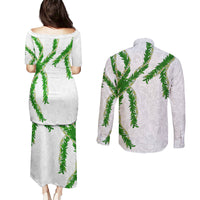Hawaii Maile Lei Couples Matching Puletasi and Long Sleeve Button Shirt Aloha White Color LT03 - Polynesian Pride