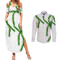 Hawaii Maile Lei Couples Matching Summer Maxi Dress and Long Sleeve Button Shirt Aloha White Color