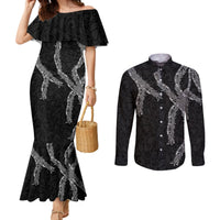 Hawaii Maile Lei Couples Matching Mermaid Dress and Long Sleeve Button Shirt Aloha Grayscale Color