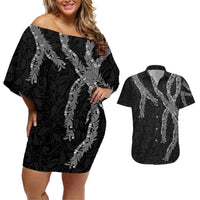 Hawaii Maile Lei Couples Matching Off Shoulder Short Dress and Hawaiian Shirt Aloha Grayscale Color