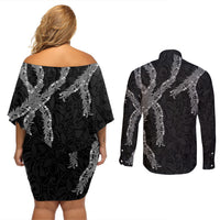 Hawaii Maile Lei Couples Matching Off Shoulder Short Dress and Long Sleeve Button Shirt Aloha Grayscale Color